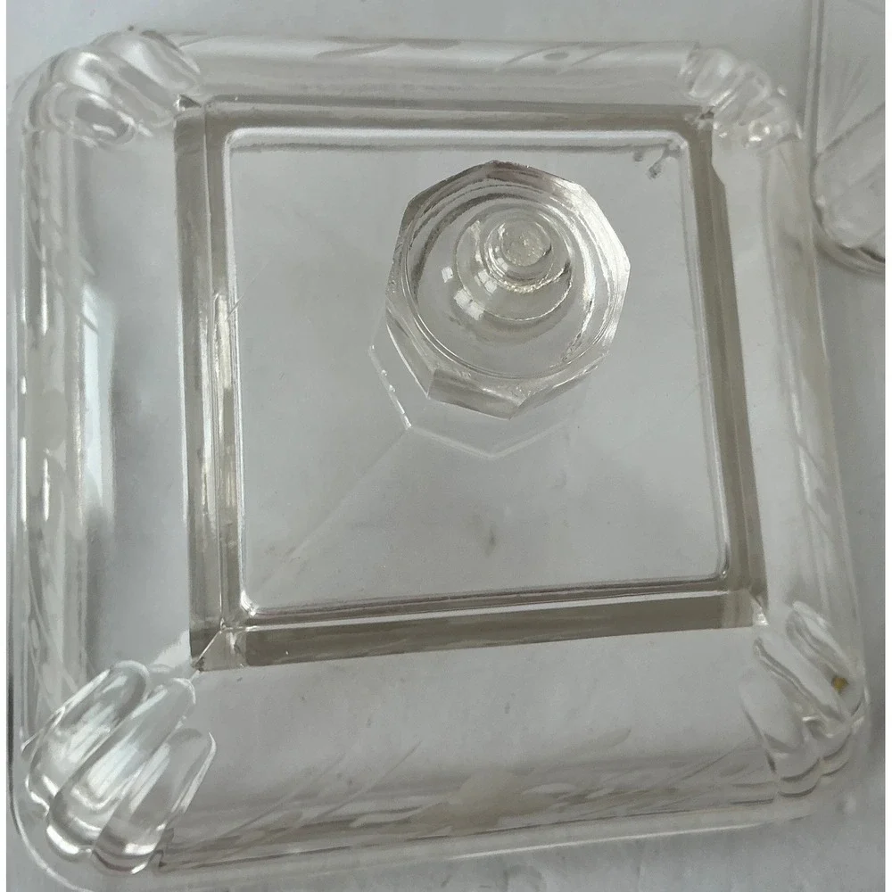 Vintage Glass Pedestal‎ Candy Dish Etched Floral Square Lidded Clear